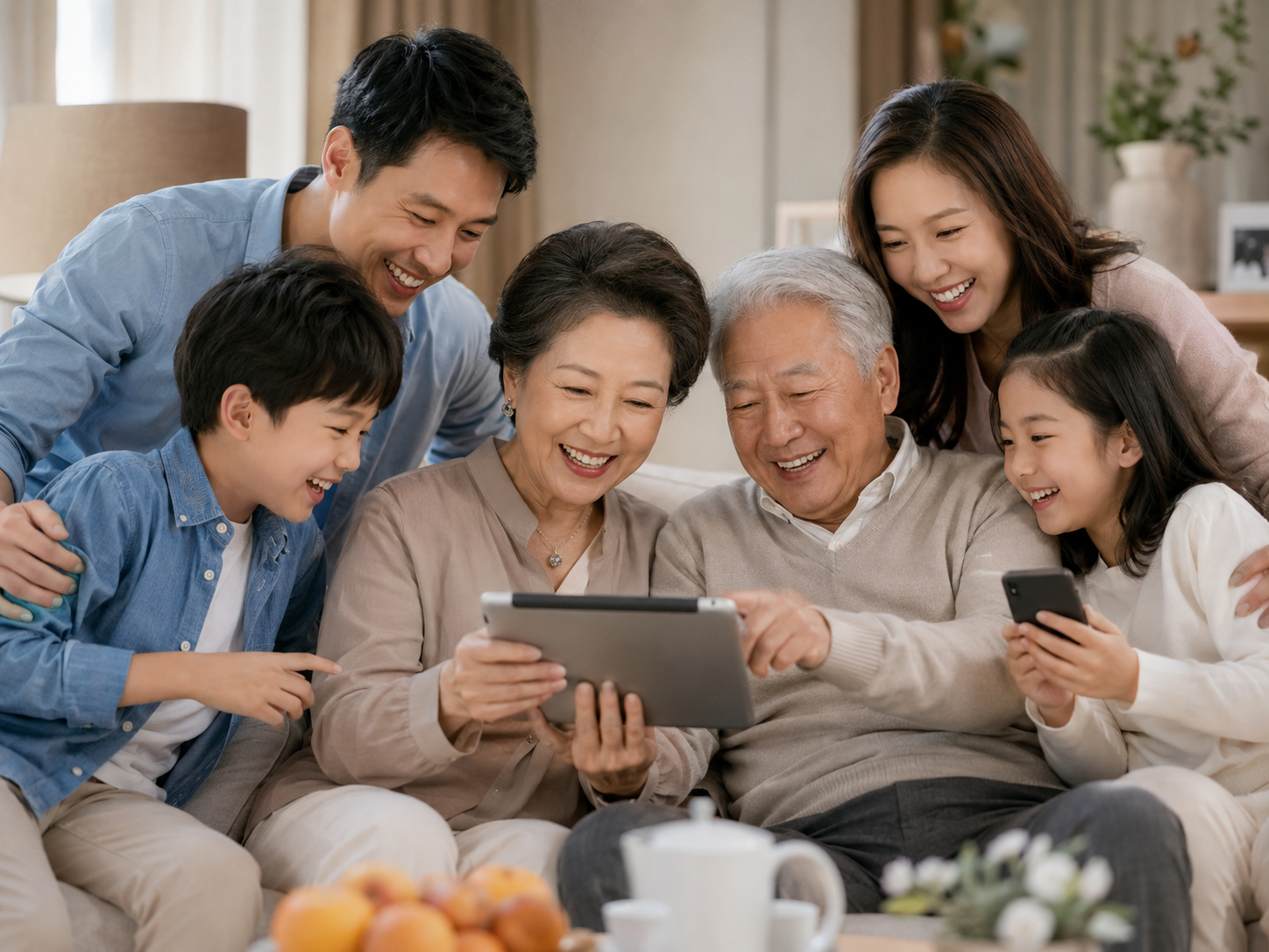 全家圍著平板與珍妮互動